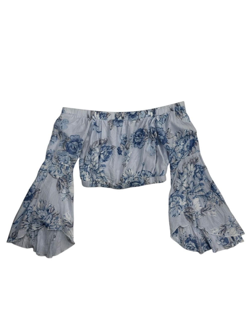 Seek The Label Blue Floral Off Shoulder Bell Sleeve Boho Crop Top